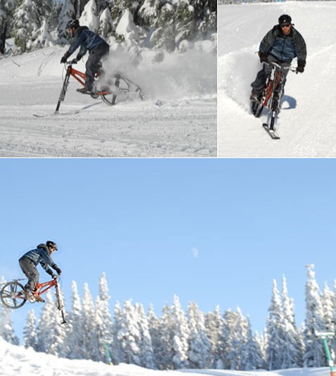 Гусеница с лыжей гоняют по снегу велосипед без колёс