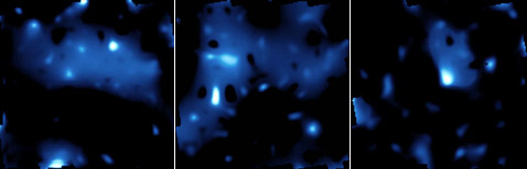 "Срезы" тёмной материи, соответствующие расстоянию в 3,5, 5 и 6,5 миллиардов лет назад (иллюстрация NASA, ESA, R. Massey/California Institute of Technology).